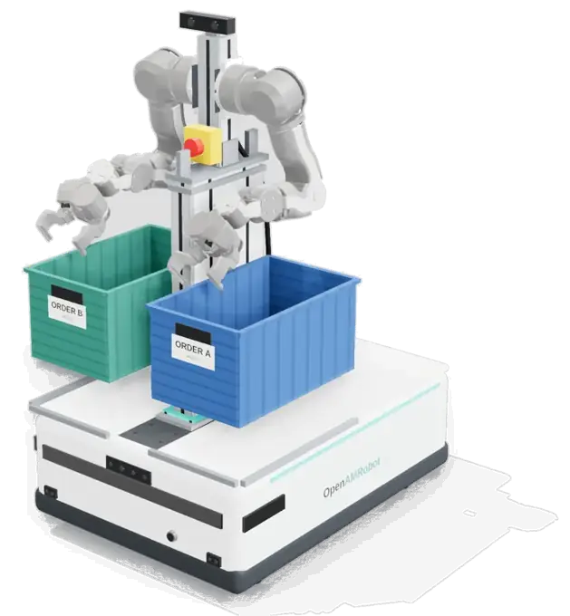 OpenAMRobot 2.0 with lift and two OpenArm 2.0 arms picking into two order bins