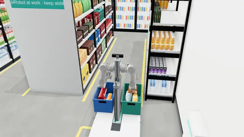 OpenAMRobot 2.0 driving a dark-store aisle with two order bins, simulation