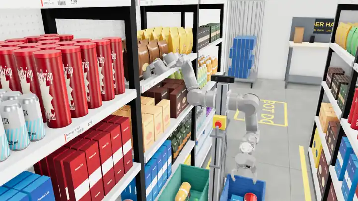 OpenAMRobot 2.0 picking a product from a grocery shelf into an order bin, simulation